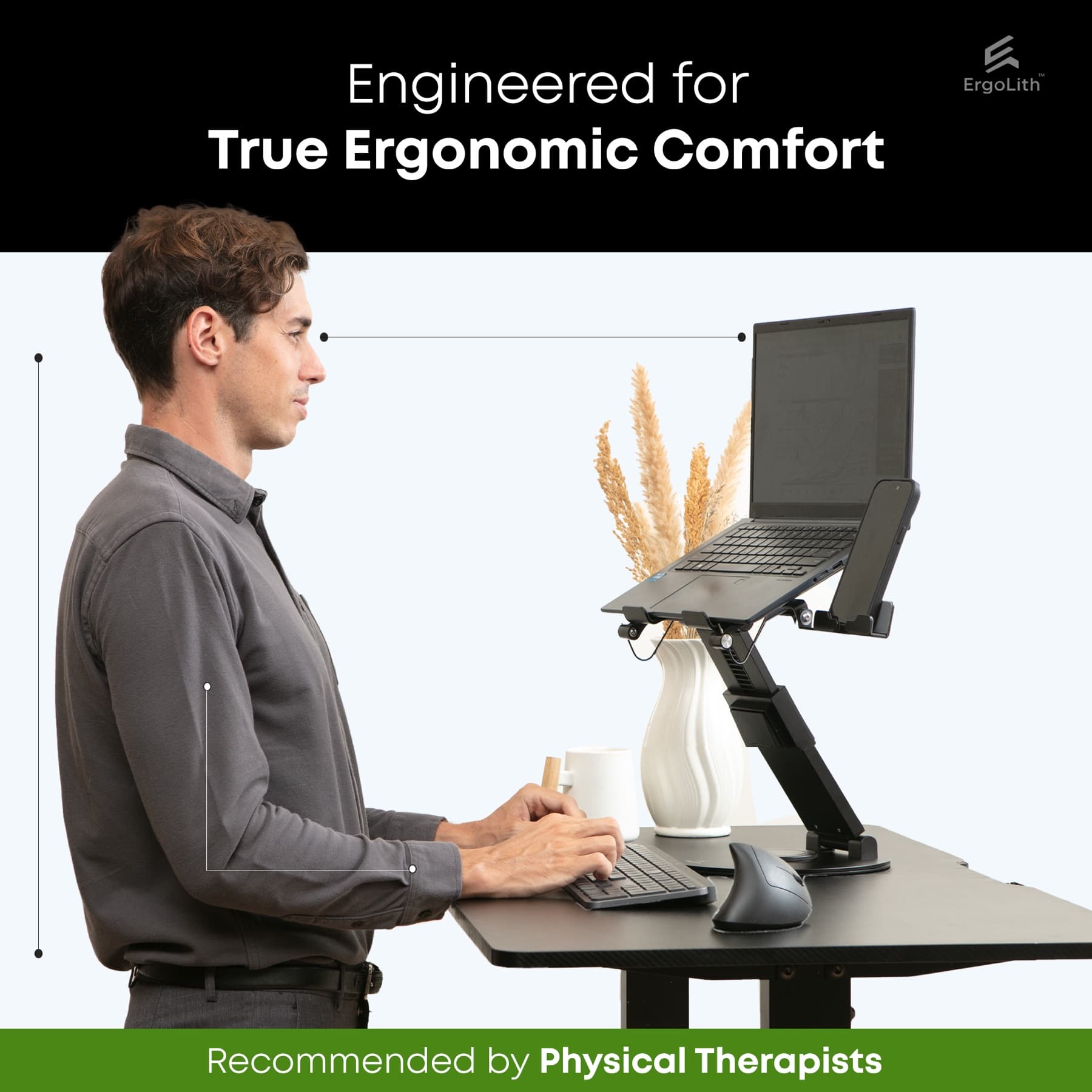 Model using an ErgoLith stand recommended by physical therapists