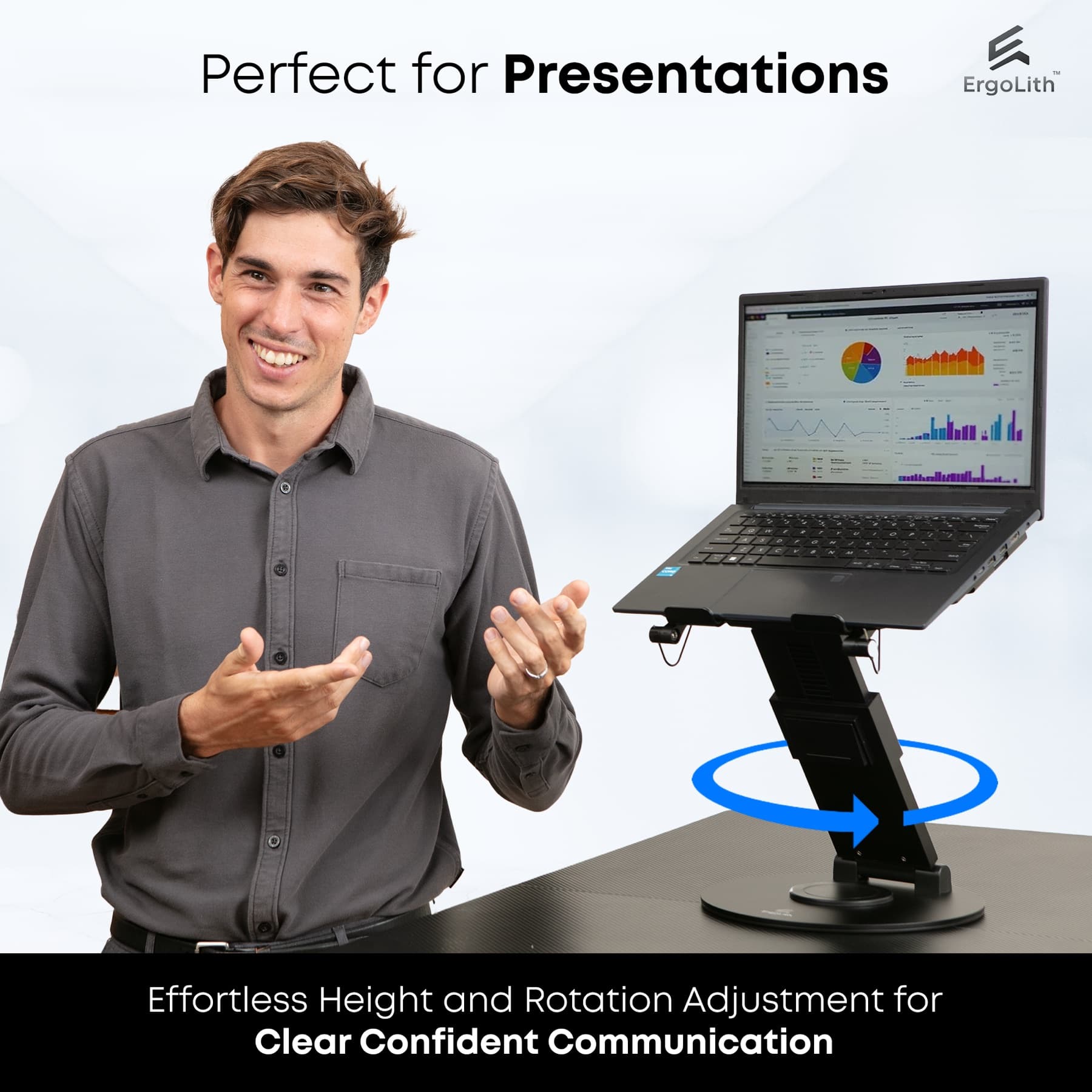ErgoLith stand supporting a confident, hands-free presentation