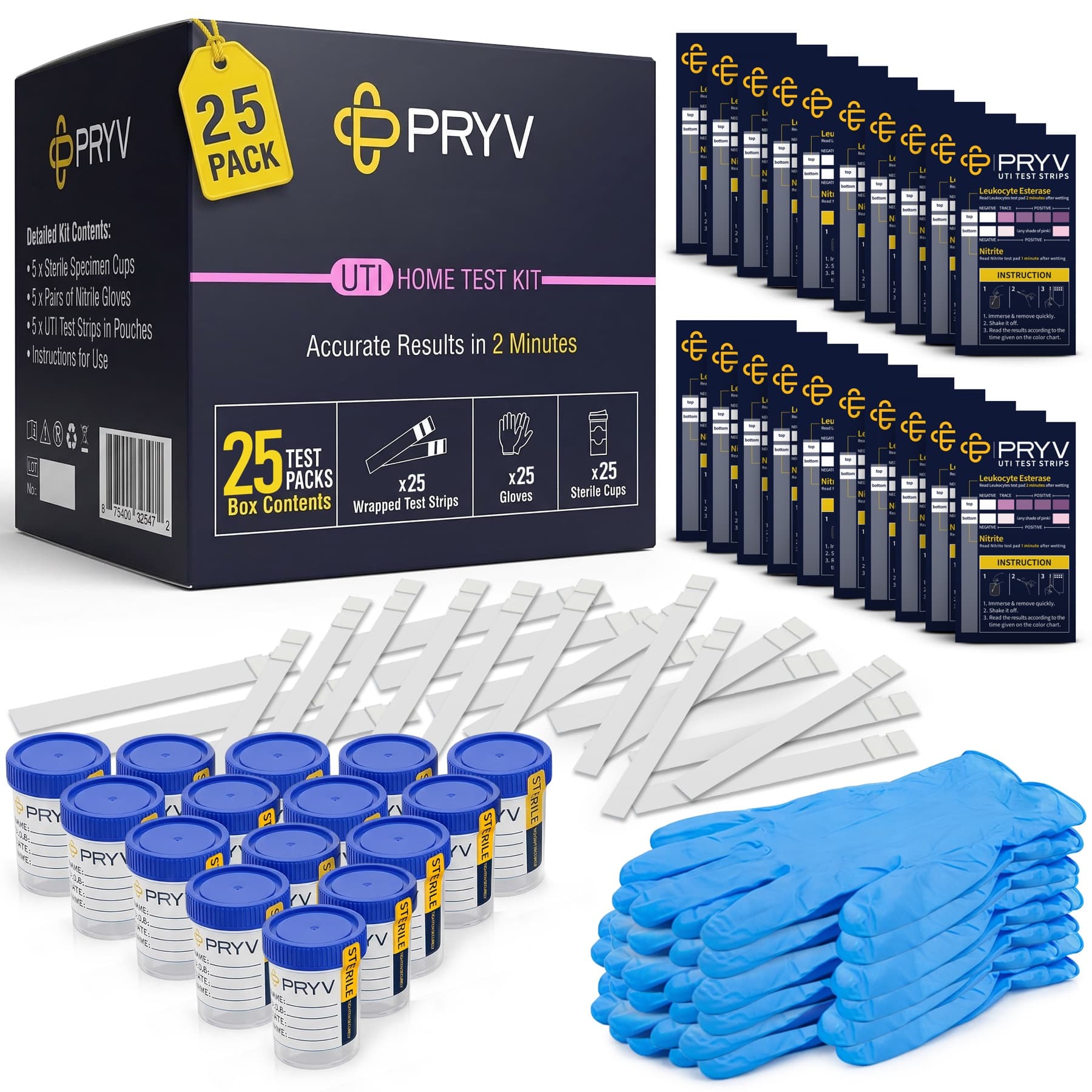 PRYV 25-pack UTI home test kit contents